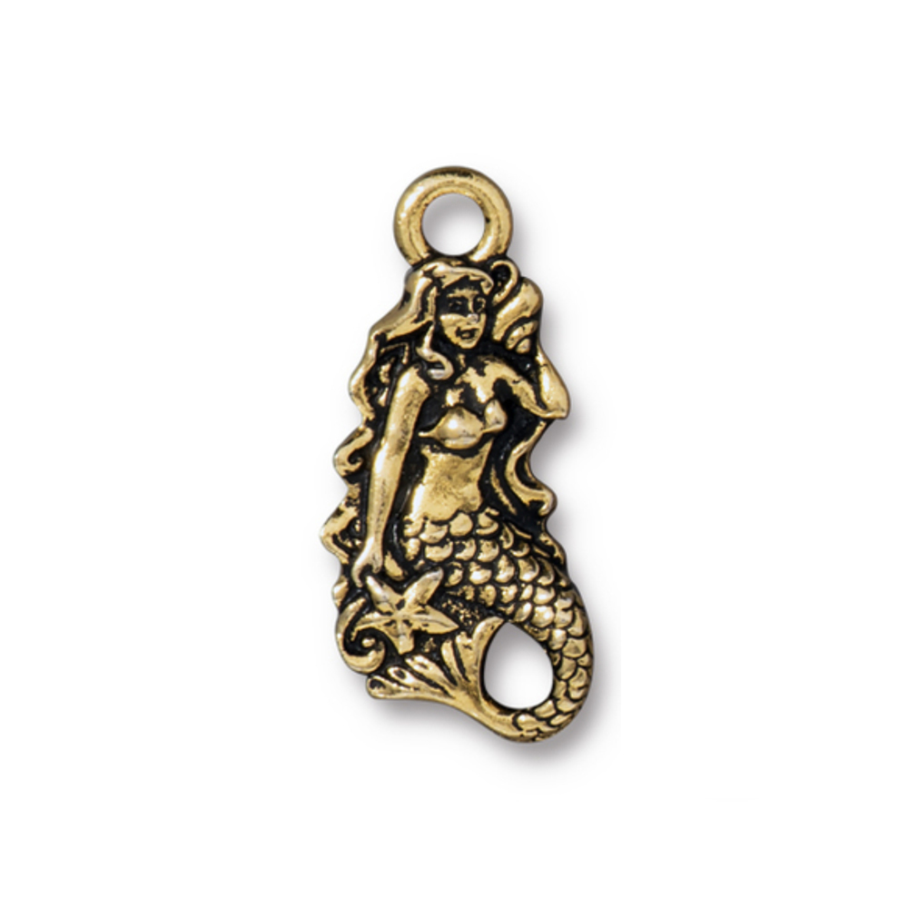 Charms & Solderable Accents Mermaid Charm, Gold Plated Pewter, 23mm